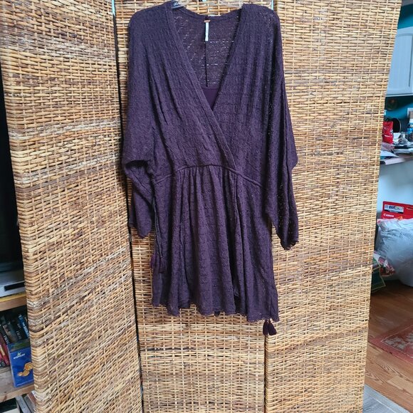 Free People Dress Dark Brown 2 Layer SZ M Dolman Sleeve Drawstring Tassels Urban - Picture 11 of 11